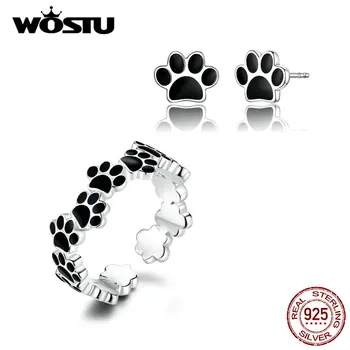 

WOSTU New Fashion Real 925 Sterling Silver Paw Dog Footprint Rings & Stud Earrings For Women Wedding Engagement Jewelry Set