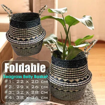 

Handmake Foldable Natural Seagrass Woven Storage Baskets Garden Flower Vase Hanging Basket With Handle Storage Bellied Basket