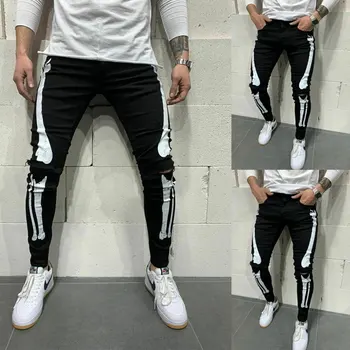 

Elastic Skinny Ripped Jeans Men 2020 Brand White Stirped Mens Denim Pants Trousers Casual Slim Fit Destroyed Taped Pencil Pants