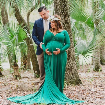 

Maternity Off Shoulders Gown for Baby Shower Photo Props Dress Pregnant Women Long Sleeve Maxi Pregnancy Dress for Photo Shoot