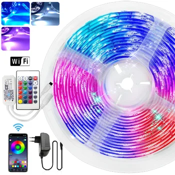 

5m 10m 15m RGB LED Strip Light 5050 SMD Luces Led String Light Tape DC 12V Flexible Ribbon WiFi Contoller+Power Adapter plug