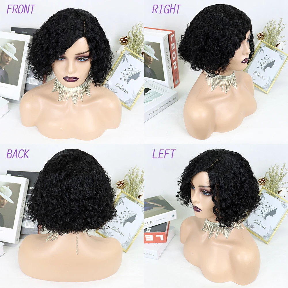 Corte de Cabelo Humano para as Mulheres Perucas Encaracoladas Curto Pixie Natural Preto Remy Cabelo 150% Densidade Glueless Barato Parte Lateral Humanas 4 Apliques com cabelo humano