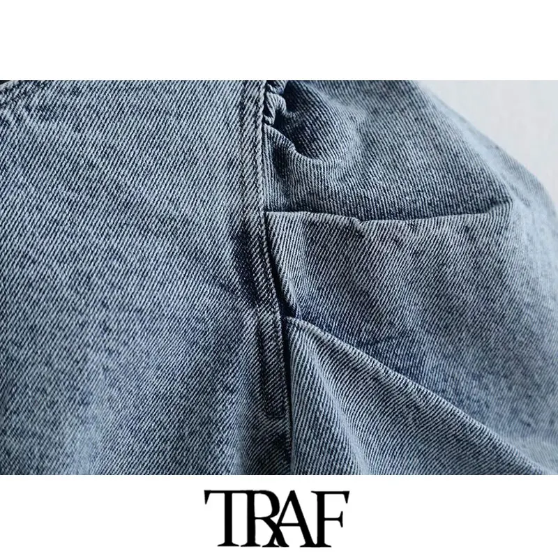 TRAF Женские винтажные стильные короткие стильные плиссированные джинсовые блузки модные рубашки с буфами на рукавах шикарный укороченный Топ Blusas Mujer