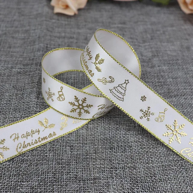 5 Yards 25mm Bronzing Christmas Ribbon Printed Polyester Ribbon For Christmas Decoration Gift Wrapping DIY Sewing Fabric C3