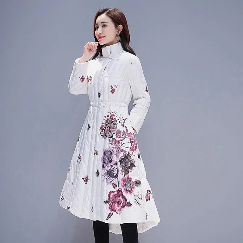 

Elegant Skirt Chinese Style Printed Winter Thick Warm Outwear Coats Medium Length Stand Collar Slim Female Parkas Plus Size 4XL