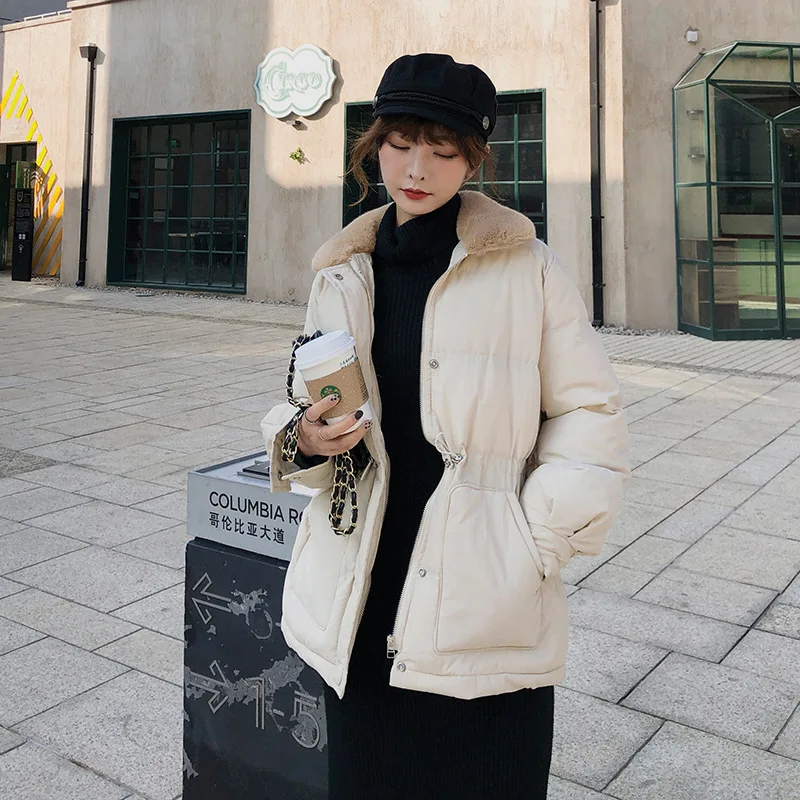 

2018 Winter New Style Elegant Slimming Waist Hugging High Collar Thick Quilted Cotton Coat Solid Color Long Sleeve Cotton-padded