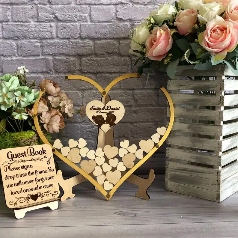 Guestbook Heart-Shaped Mirror Gold Frame Guestbook Unique Acrylic Heart-Shaped Wedding