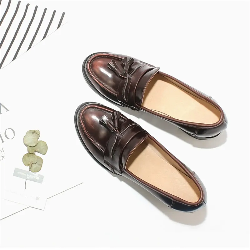 Loafer Pumps Shoes Women Vintage Genuine Leather Women's Shoes Brogues Thick High Heel British College Tassel Women Pumps Oxford (24)