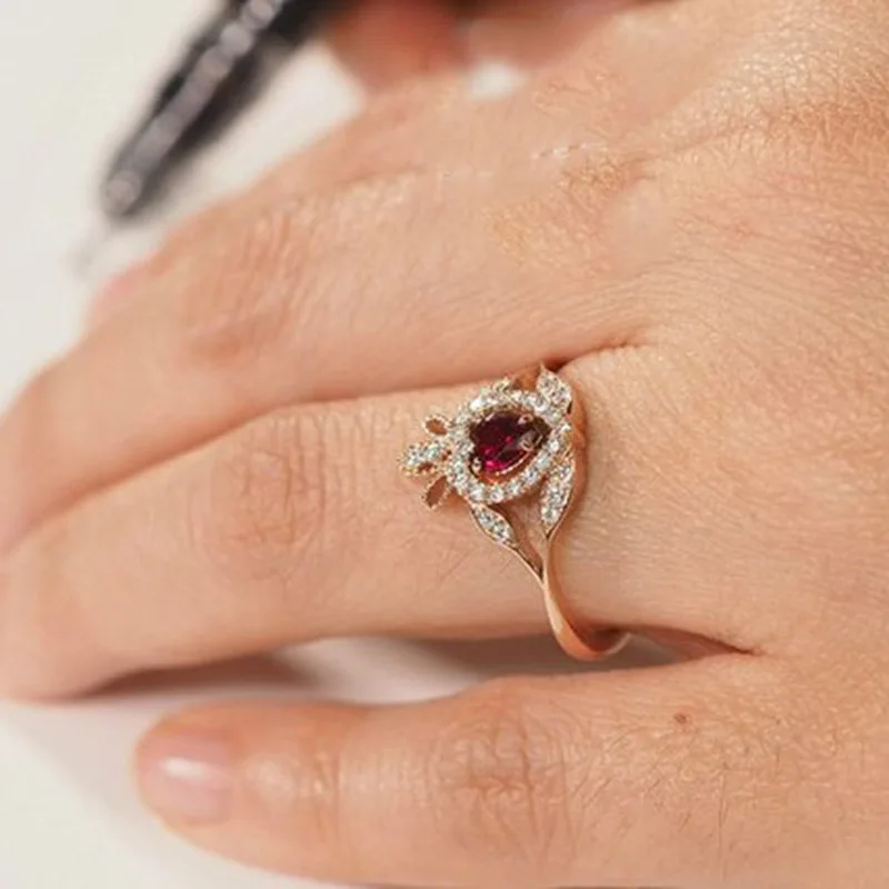 Розовое позолоченный циркониевый кольцо "Принцесса" гранатовый красный камень в форме сердца кольца для женщин День Святого Валентина ювелирные изделия подарок женское кольцо
