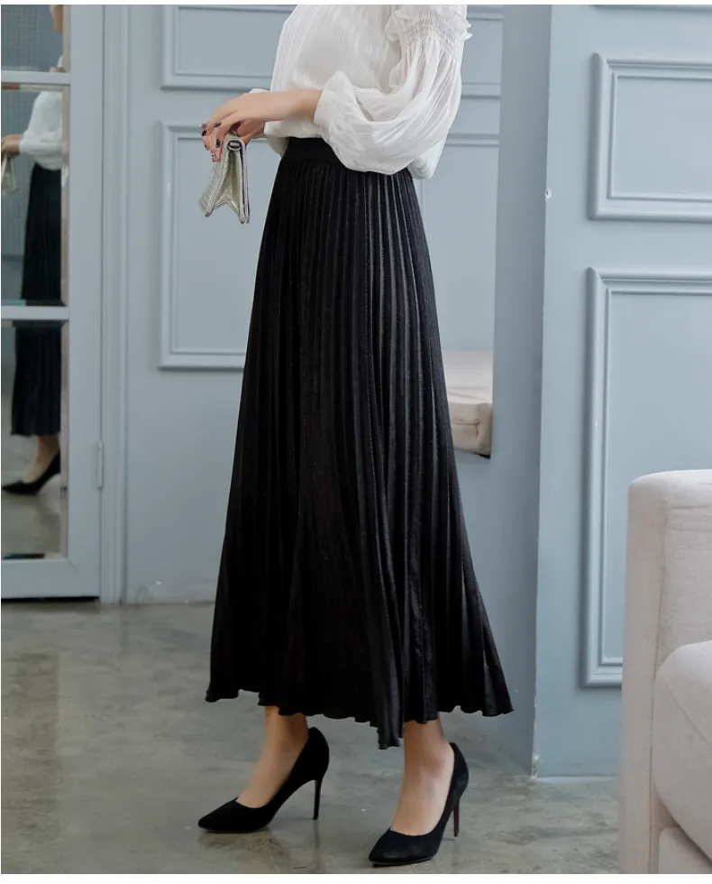 Женская длинная юбка миди из сетчатой ткани размера плюс 5XL, плиссированные юбки в английском стиле, женские юбки на осень и весну, эластичные юбки с высокой талией, новинка