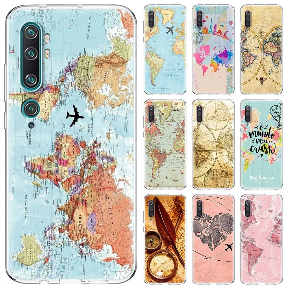 World Map Travel Soft Phone Case for Xiaomi Mi Note 10 A2 8 10T Lite Pro 5G 9T CC9 CC9E Poco X2 C3 X3 Cover Shell | Мобильные