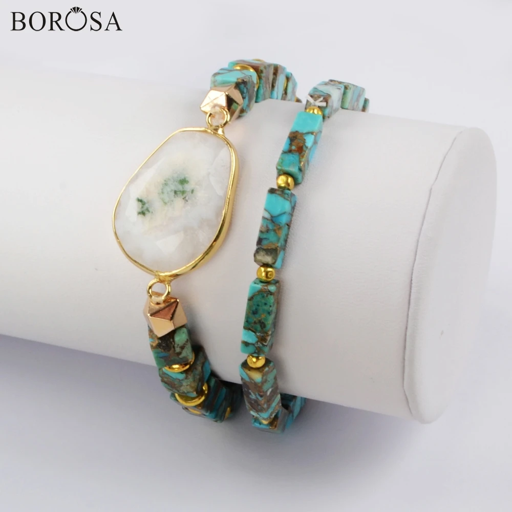 

BOROSA 3/5Sets New Arrival Gild Natural Solar Quartz With Square & Rectangle Cooper Turquoises Beads Bracelet Set Jewelry G1824