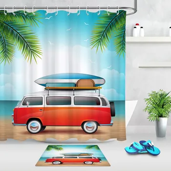 

Beach Retro Camper Caravans Fabric Shower Curtains for Bathroom Summer Travel Home Decor Waterproof Bath Curtain with Hooks
