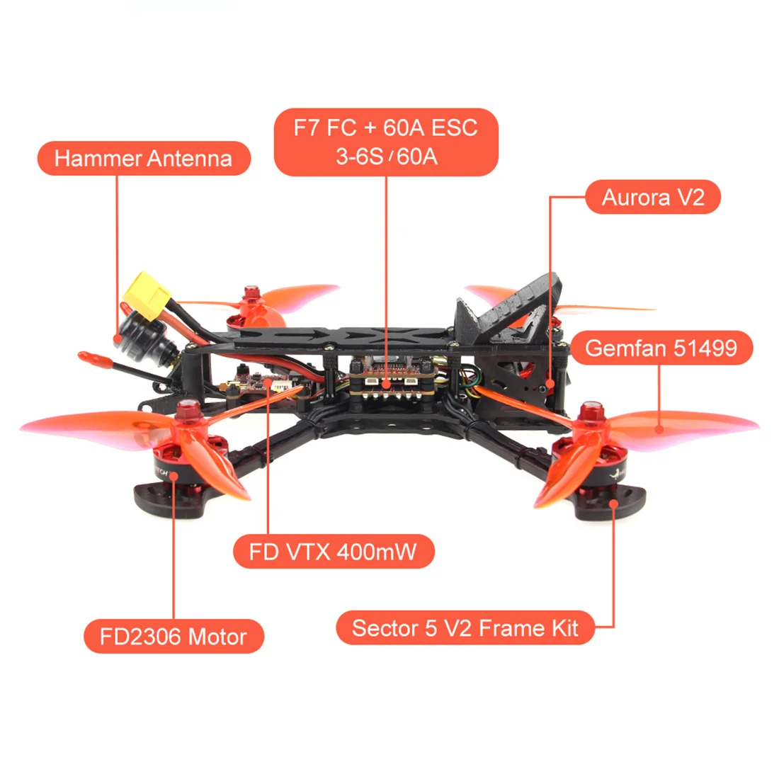 HGLRC Sector5 V2 226 мм FPV Racer Drone PNP/BNF w/F7 60A 4в1 ESC 2306 мотор 1600KV 6 S/2450KV 4S AURORA V2 FPV камера 1200TVL