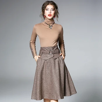 

HAMALIEL Autumn Winter Two Piece Set New Fashion High Collar Knitted Hit Color Tops + High Waist Thicked Blends Woolen Skirt Set