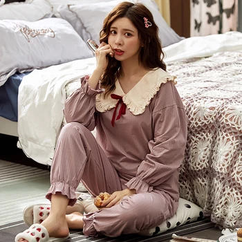 

New Autumn Sleepwear Cotton Taro Purple Pajamas Set Turn-down Collar Pyjamas Women's Home Clothes Pijama Feminino