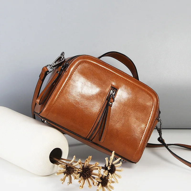 

2019 New Style Genuine Leather Europe And America Fashion Hand Square Sling Bag Oil Wax Cowhide Large Capacity Shoulder Guangzho