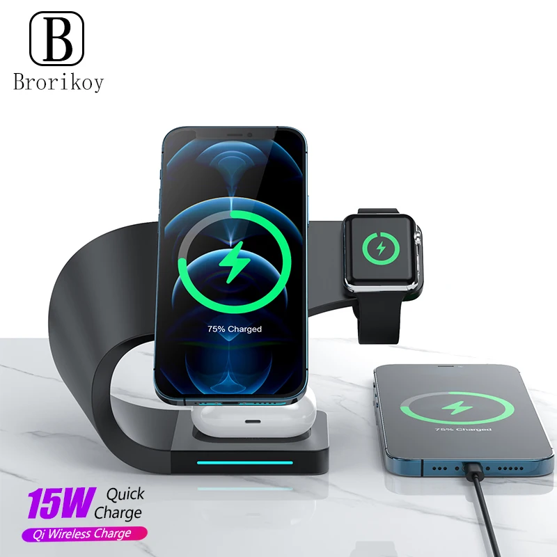

Магнитная Беспроводная зарядная станция 3 в 1 для iPhone 12 Pro Max Mini Apple Watch, док-станция для быстрой зарядки для Airpods Pro