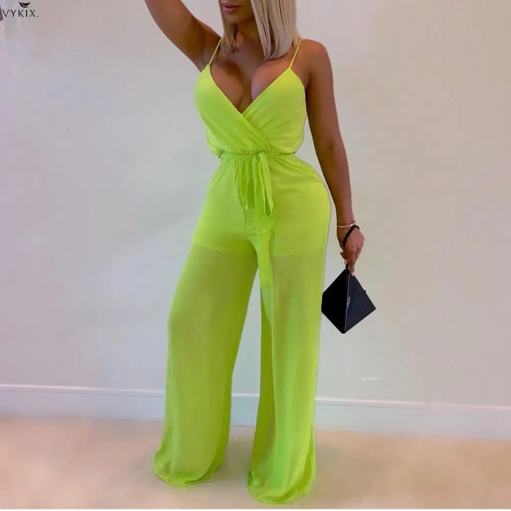 

Women Jumpsuit Neon Green Mesh Deep V-neck Sleeveless Backless Sexy Romper Loose Long One Piece Playsuit Night Clubwear Overalls