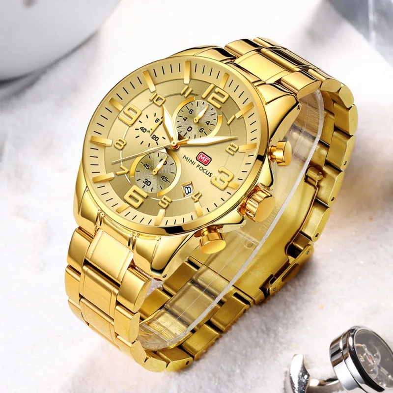 

Mini FOCUS Gold Steel Belt MEN'S Watch Multi-functional Movement Calendar Night Light Waterproof Large Dial 0278G