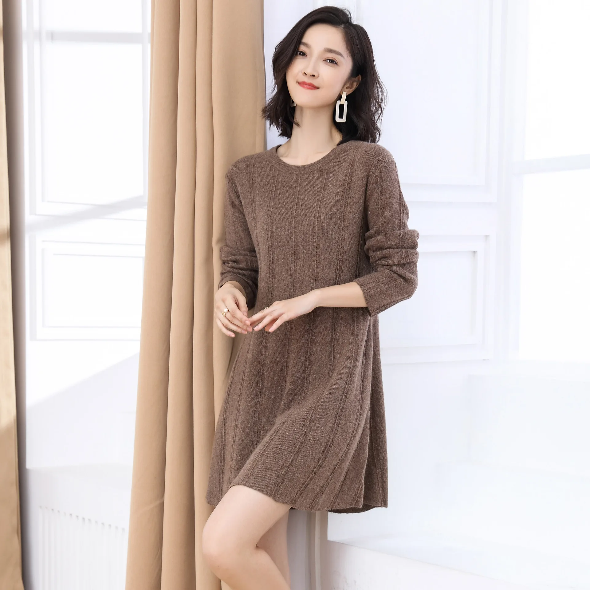 

2019 Autumn And Winter New Style Graceful Crew Neck Pullover Sweater Skirt Solid Color Loose-Fit Mid-length Jersey Dress Women's