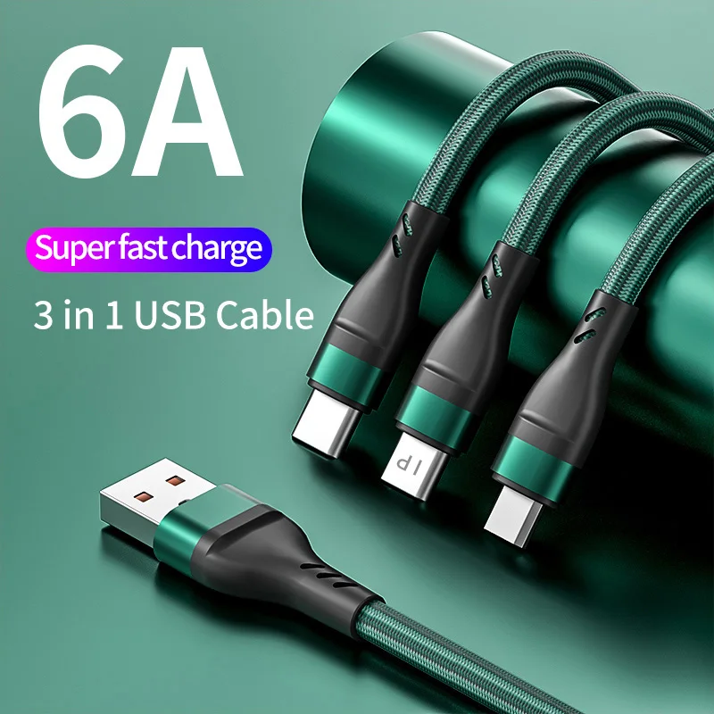 

6A 3 в 1 кабель Type-C/Micro USB/iOS быстрое зарядное устройство Micro USB Type-C кабель для передачи данных для iPhone Xiaomi Huawei