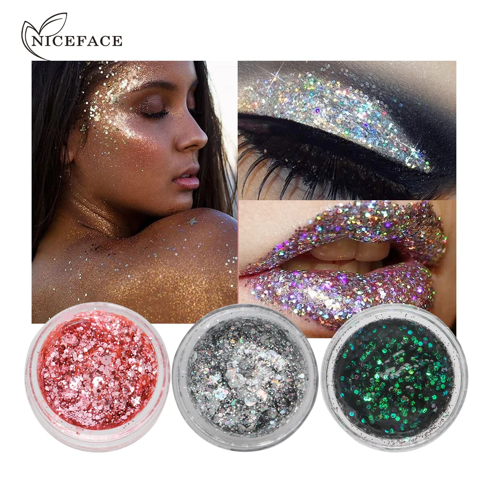 

Nice face Glitter Eye Loose Powder Highlighter Makeup Silver Palette with Brush Set profesional powder