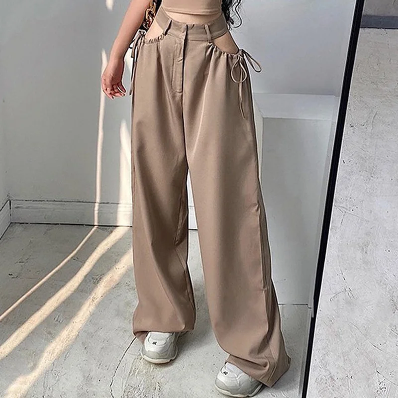 New High-waist Hollow Tassel Straight-leg Pants 2023 Gothic Women's Fashion Street Casual Wear Harajuku Khaki Overalls Women