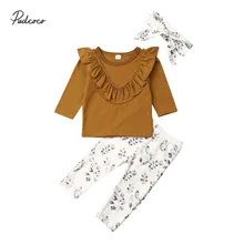 Весенне-осенняя одежда для малышей, топы для новорожденных девочек с цветочным рисунком и гофрированным воротником, футболки, штаны с цветочным принтом, повязка на голову, одежда для девочек