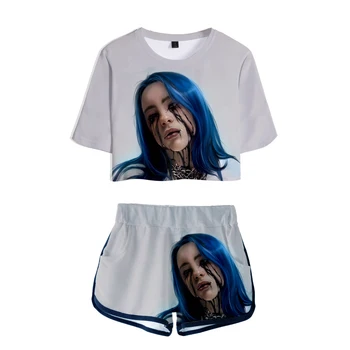 

Casual Billie Eilish 3D Exposed Navel T shirt+shorts women's two-piece sets Summer Hip Hop 3D print Billie Eilish Pop girls sets