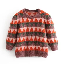 ZOEPO Argyle, свитера для женщин, модный свитер с круглым вырезом, женские элегантные свитера с рукавом три четверти и пышными рукавами, женские свитера JL