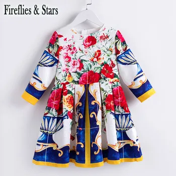 

Spring quality girls dress Baby vestidos kids brand dress Children party clothes pleated totem floral print 4 to 14 yrs