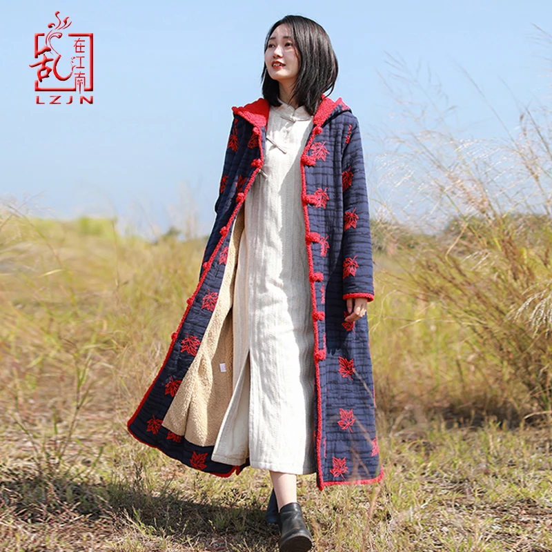 

LZJN Women 2019 Autumn Winter Embroidery Trench Coat Fleece Lined Single Breasted Outwear Long Overcoat Duster Coat Windbreaker