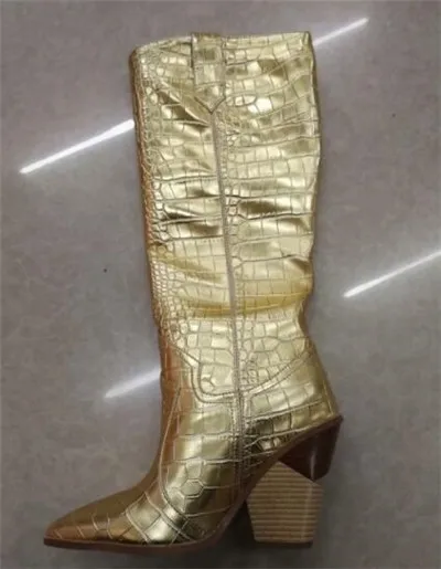 Women Pointed Toe Leather Mid-calf Boots High Quality Boots for Women Cowgirl wedges Motorcycle Boots Women Long Winter Boots - Цвет: golden  long