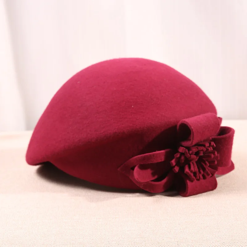 Pure Wool Felt Fascinator Wedding Hat Pillbox Hat for Women Cocktail Party Vintage Lady winter Solid Beret Hat Hostesses Cap - Цвет: Wine red