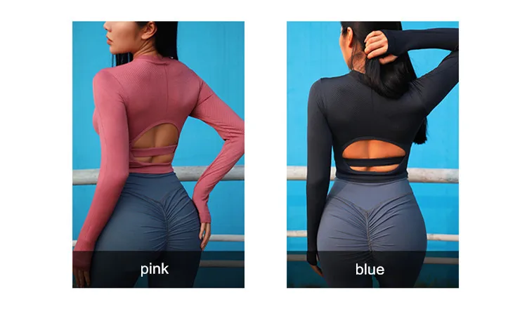 CretKoav Yoga Shirts Women Sexy Back Dig Hole Training Quick-Drying Running Fitness Long Sleeve T shirts Crop Top With Chest Pad