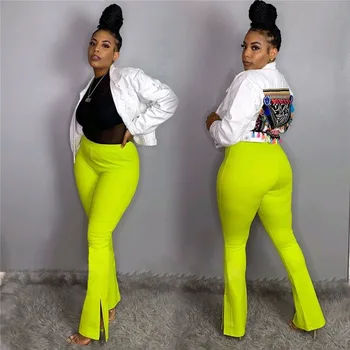 

High Wasited Slit Flare Pants Plus Size Women Clothes 2020 Summer Solid Stretch Casual Trousers