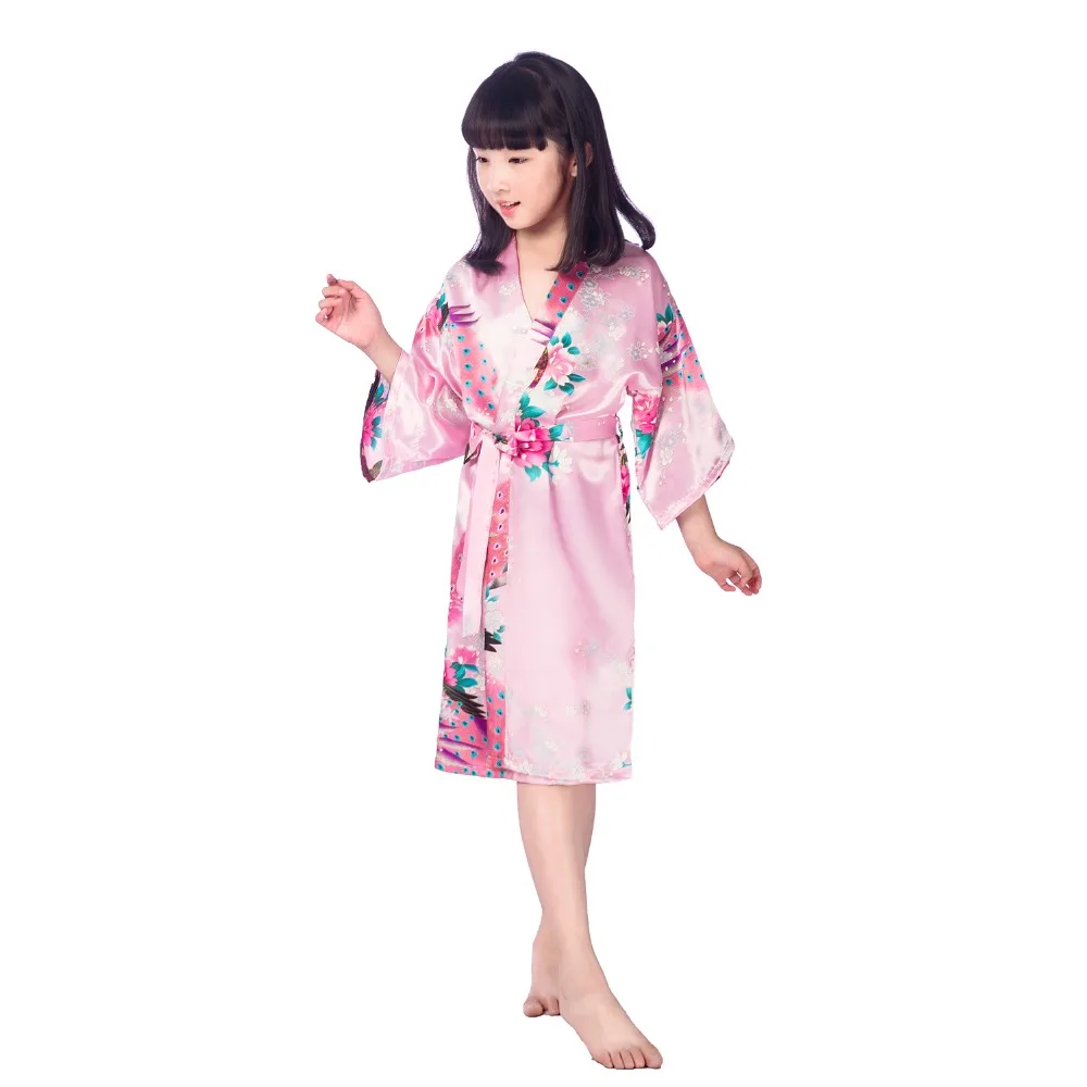 Link Children Bathrobes Kids Sleepwear Clothing Girls Stain Silk Kimono Peacock Flower Robe For Spa Wedding Birthday