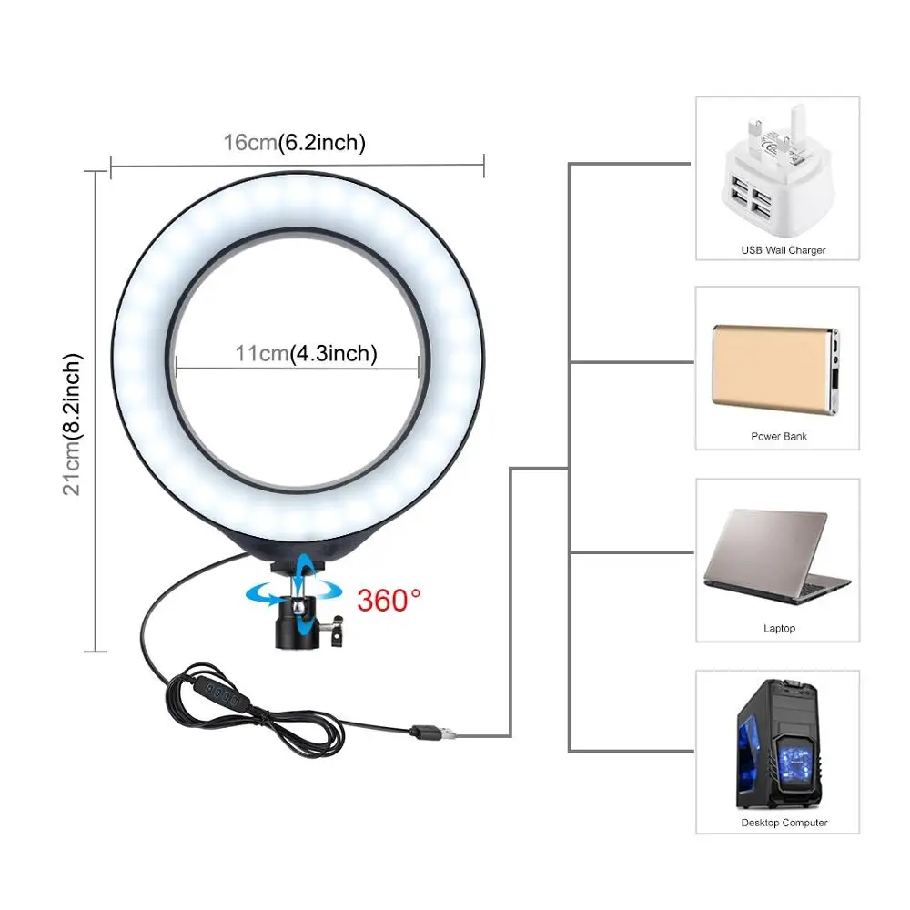 PULUZ 6.2 inch USB 3 Modes Dimmable LED Ring On-Camera Video Lights with Cold Shoe Tripod Ball Head