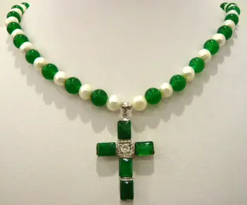 

white pearl & green natural jade cross pendant necklace