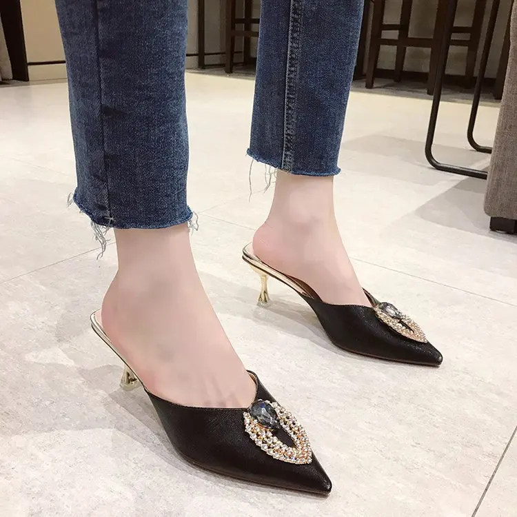 

High Heel Slippers Korean-style Outer Wear Versatile Closed-toe Fairy-Style Thin Heeled Pointed-Toe Slipper Women's Sandals 2020