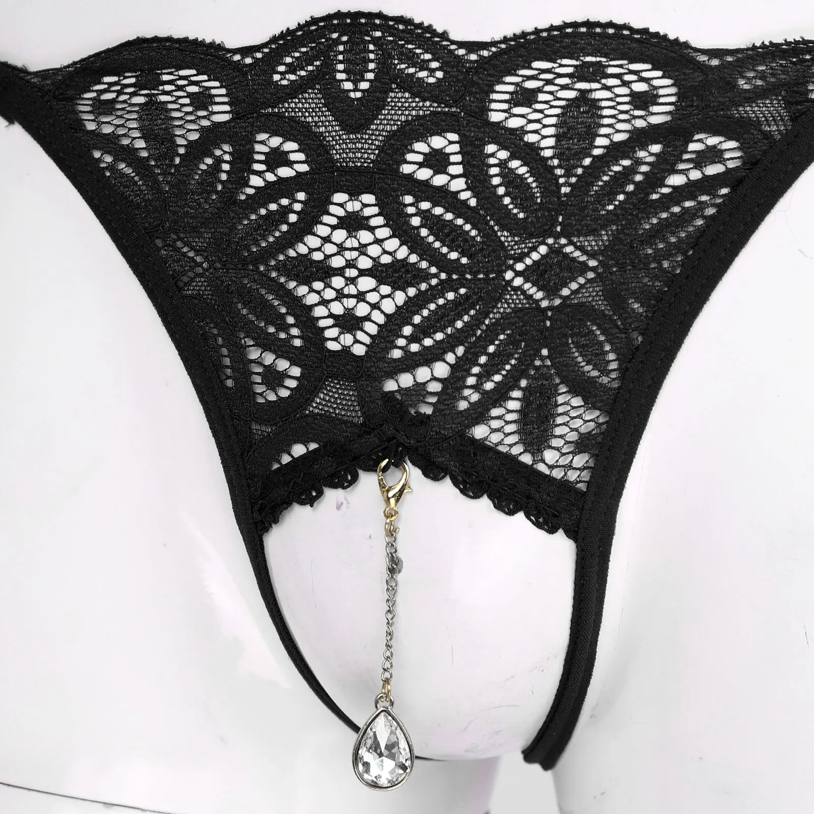 Men Stretch G String Panties Men Stretch Thong Underwear Men Lingerie Briefs Rhinestone Pendant Floral Lace