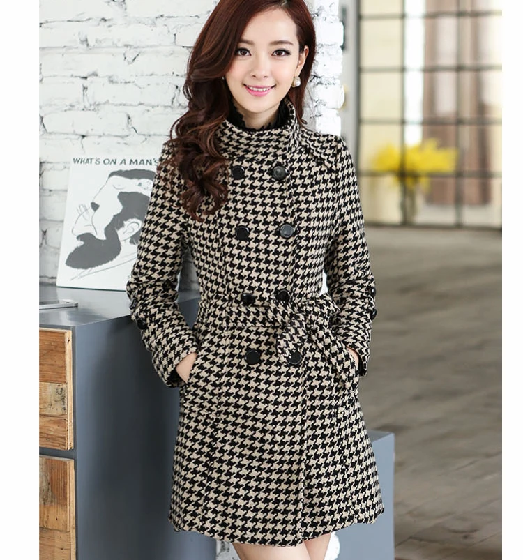 H689a93cafb934fd19b93f0071222ea70v - Winter Stand Collar Pockets Buttons Houndstooth Thicken Woolen Coat with Belt