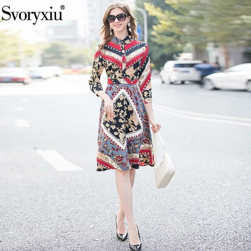 

Svoryxiu Runway Designer Spring Summer Vintage Flower Print Dress Women's Elegant Turn-Down Collar Long Sleeve Slim Midi Dresses