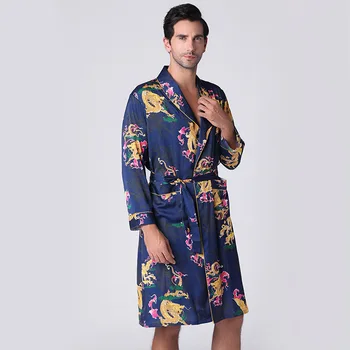 

Satin Kimono Gown Sexy Robe Men Print Dragon Lounge Intiamte Lingerie Loose Rayon Bridegroom Wedding Bathrobe Belt Sleepwear