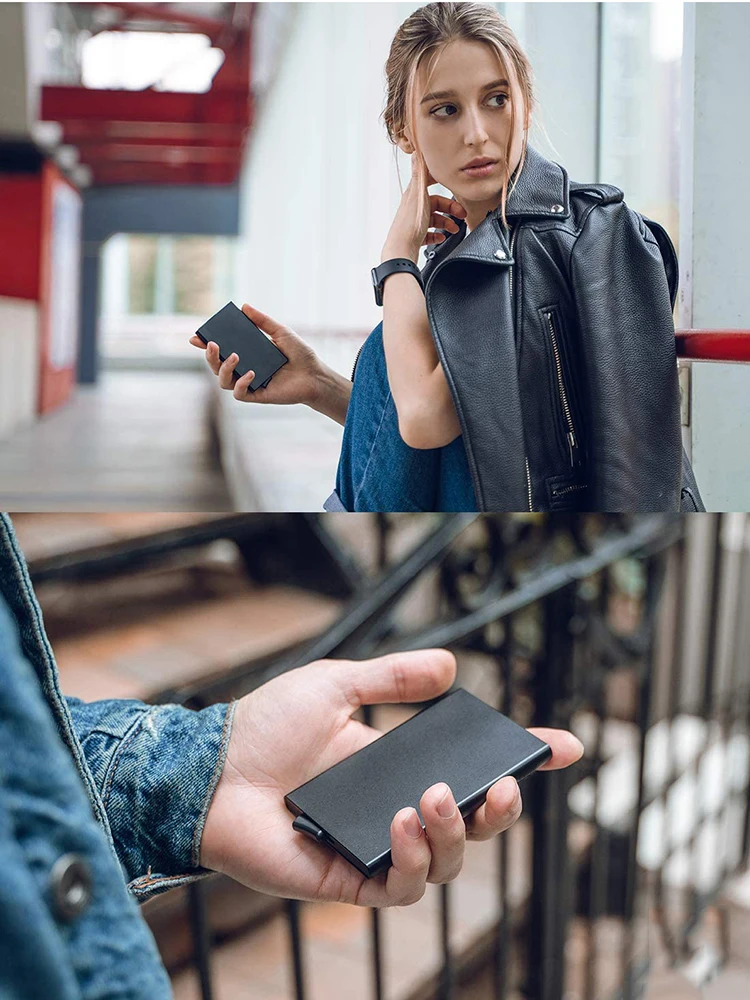 YATBEST Metal Card Case Wallet RFID Protection Mini Men's Wallet Slim Minimalist Bottom Push Automatic Pop Up Card Holder
