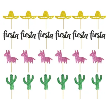 

24PCS Cake insertion Theme Party Decor Mexican Carnival Theme Party Funny Cute Decorating Cake Insert Cactus Alpaca Fiesta Hat