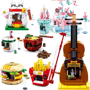 

Mini city shops street view blocks market retail stores restaurant model sets building toy creator moc guitar brick architecture