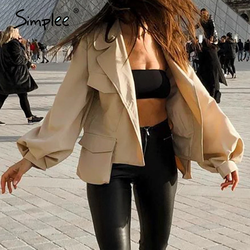Simplee Lantern sleeve short jackets coats women Notched v neck autumn thin jacket female High waist belt pocket overcoat 2020