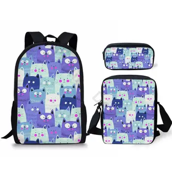 

THIKIN Funny Cartoon Cats Print Polyester School Backpacks Girls Casual Schoolbag Set with Mini Book Bag Pen Box Custom Pattern